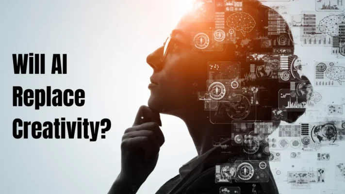 Hình ảnh đặt câu hỏi về mối quan hệ giữa trí tuệ nhân tạo (AI) và sự sáng tạo. Một người đang suy ngẫm về tương lai, minh họa cho chủ đề liệu AI có thể thay thế khả năng sáng tạo của con người.