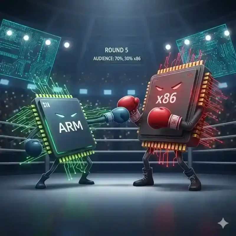 Hình ảnh so sánh kiến trúc chip ARM vs x86, thể hiện cuộc đối đầu công nghệ giữa hai gã khổng lồ vi xử lý.