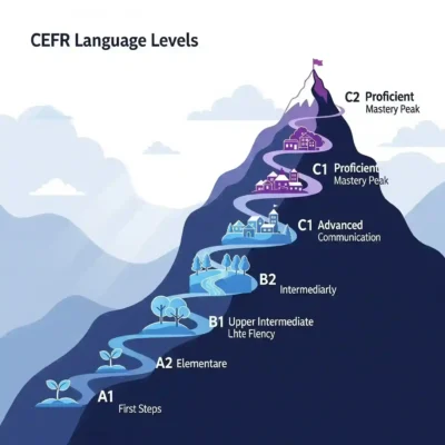Sơ đồ 6 cấp độ của Khung tham chiếu Châu Âu CEFR, bắt đầu từ A1 (Người mới bắt đầu) đến C2 (Thành thạo).