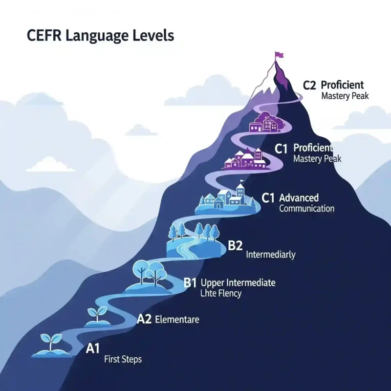 Sơ đồ 6 cấp độ của Khung tham chiếu Châu Âu CEFR, bắt đầu từ A1 (Người mới bắt đầu) đến C2 (Thành thạo).