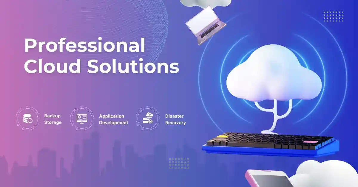 Hình ảnh minh họa các giải pháp điện toán đám mây (Cloud Solutions) chuyên nghiệp, với biểu tượng đám mây 3D kết nối với bàn phím, laptop và các icon dịch vụ như lưu trữ (Backup Storage), phát triển ứng dụng (Application Development) và khôi phục sau thảm họa (Disaster Recovery).