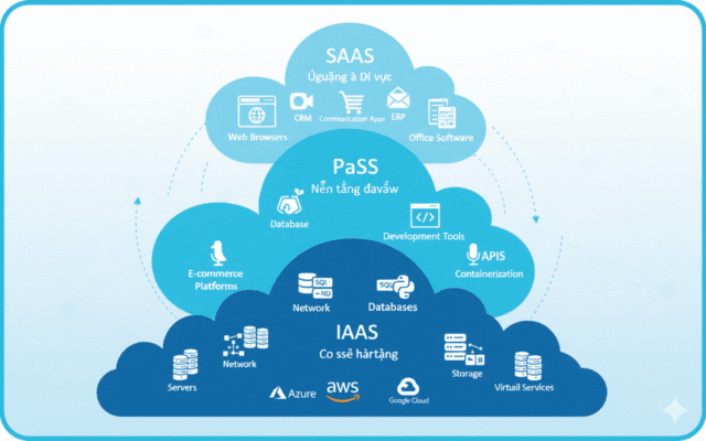 IaaS (Infrastructure as a Service), PaaS (Platform as a Service), SaaS (Software as a Service)