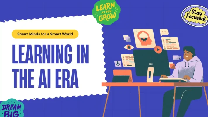 Hình ảnh một sinh viên Việt Nam trẻ trung, năng động đang ngồi học bên laptop, xung quanh là các biểu tượng công nghệ AI tỏa sáng, thể hiện xu hướng học thông minh hơn trong kỷ nguyên số.