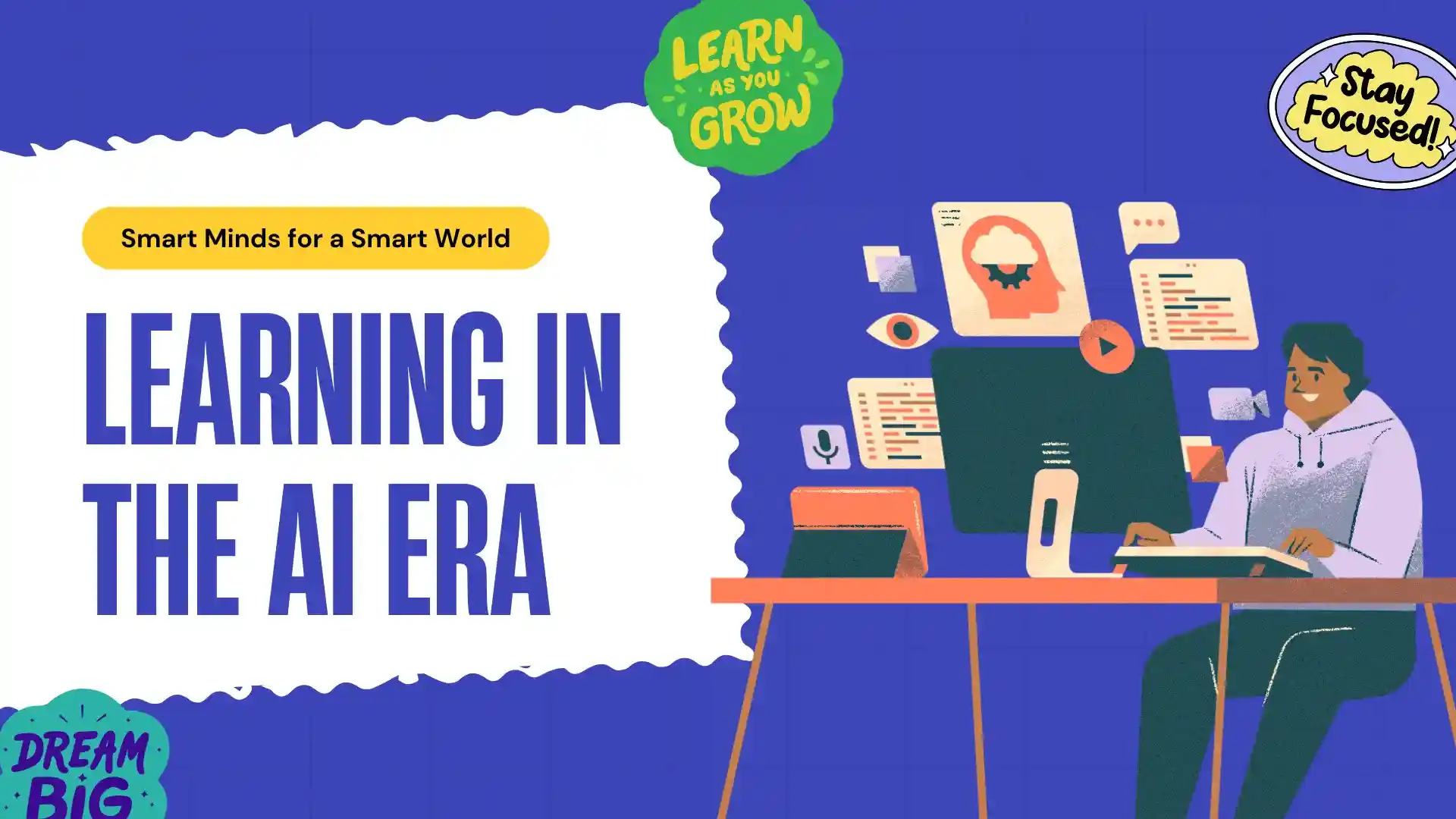 Hình ảnh một sinh viên Việt Nam trẻ trung, năng động đang ngồi học bên laptop, xung quanh là các biểu tượng công nghệ AI tỏa sáng, thể hiện xu hướng học thông minh hơn trong kỷ nguyên số.